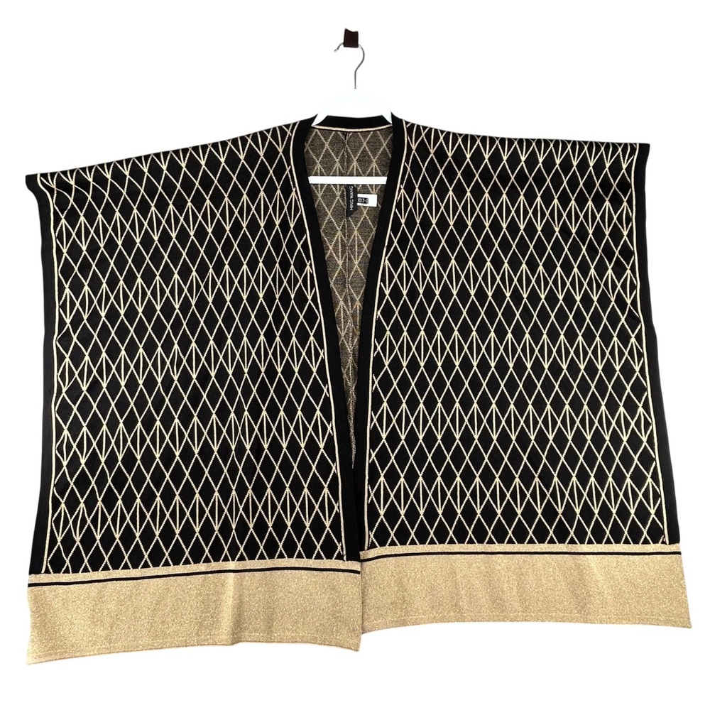 MING WANG Black Gold Diamond Pattern Open Front Kimono Cardigan Cape‎ One Size - Picture 2 of 10